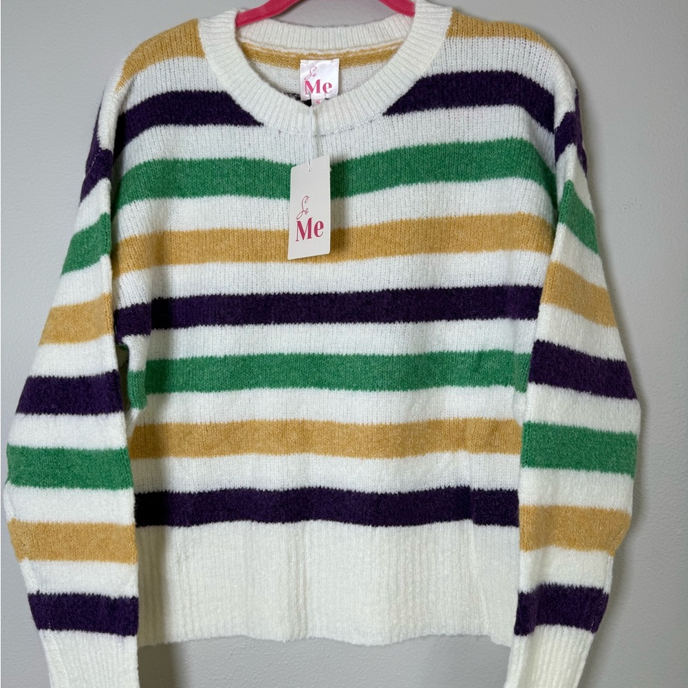 So Me Women's Mari Gras  Striped Sweater - Green, Gold, Purple, and White